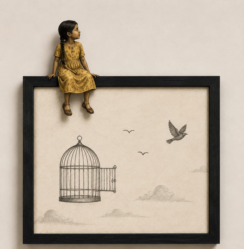 Let Go — a girl seated on the top edge of the frame watching a bird leave an open cage