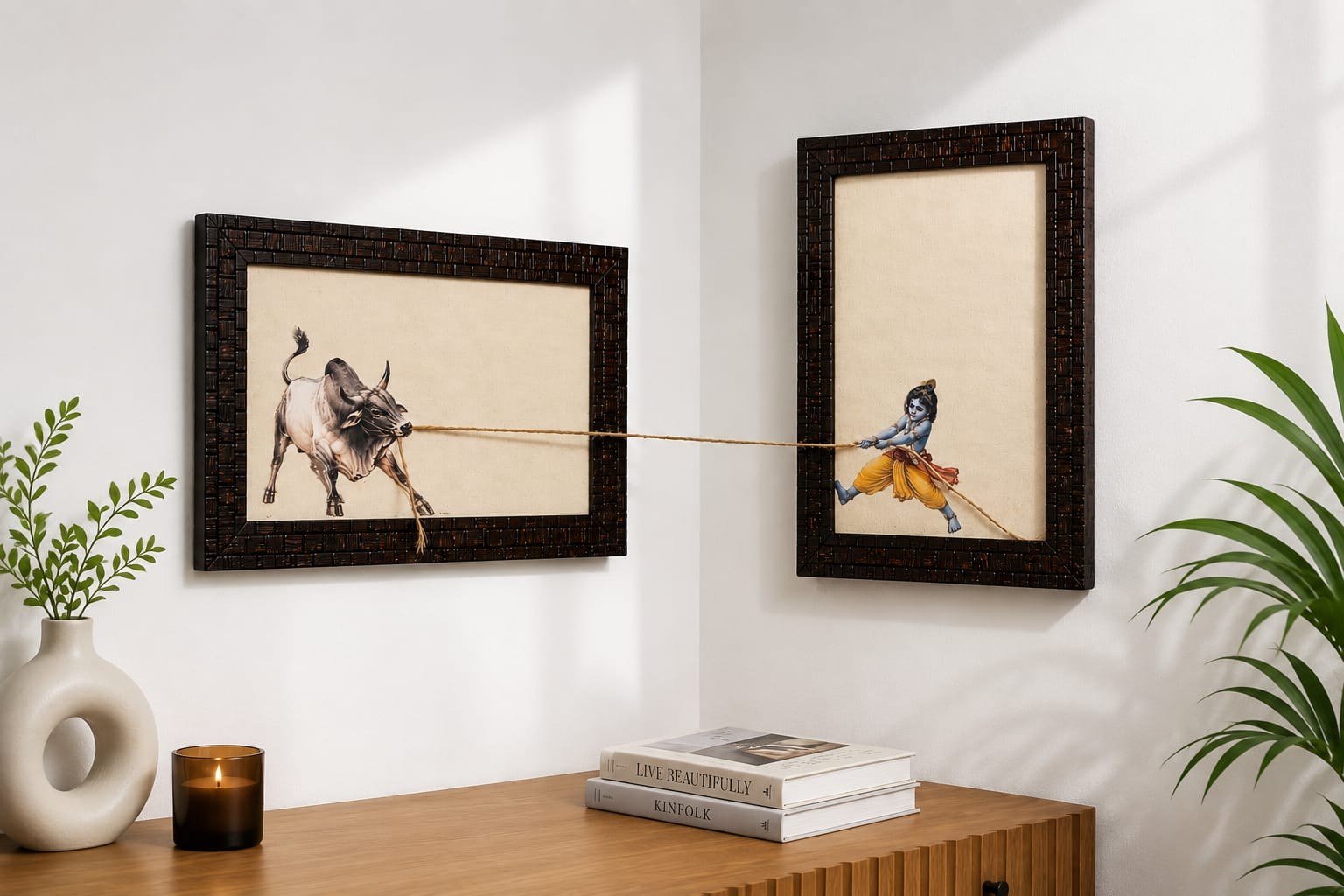A roped diptych by Kinetic Frames hanging in a sunlit living room